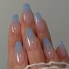 DANMANR Square Fake French Nails False Long Nails Full Cover Acrylic Long Fake Nails for Women and Girls 24PCS (Blue shiny)