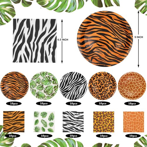 WIQEDOHA 100Pcs Jungle Safari Wild Animal Party Supplies Disposable jungle zoo animal Print Paper Plates and Napkins for Birthday Party, Baby Shower and jungle safari theme party decorations