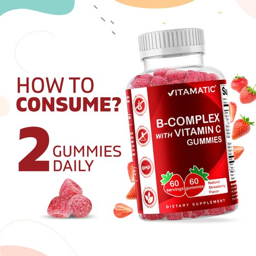 Vitamatic Vitamin B Complex Gummies with Vitamin C & Inositol - Natural Strawberry Flavor - 60 Gummies (2 Bottles)