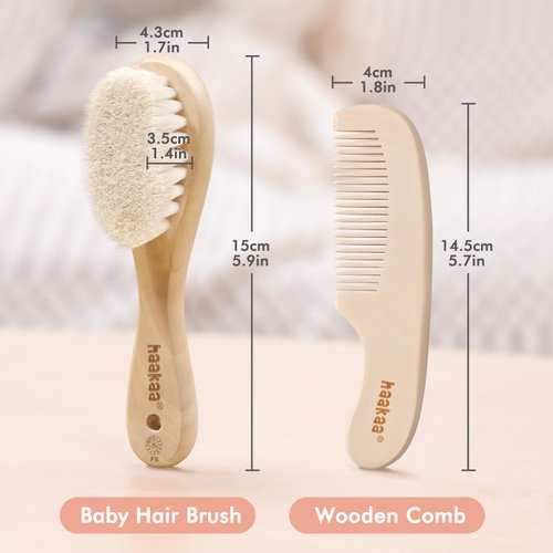 haakaa Baby Hair Brush and Comb Set for Newborns & Toddlers - Natural Soft Goat Bristles and Wooden Handle, Gently Grooms Baby's Hair, Ideal for Cradle Cap, Perfect Baby Gift, 2pk