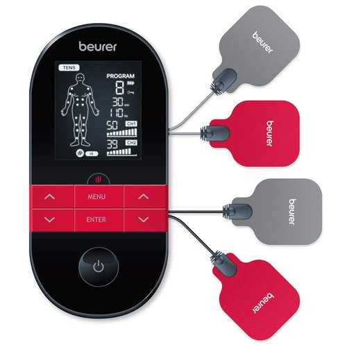 Beurer EM59 Digital 3-in-1 TENS, EMS & Heat Therapy Device for Pain Relief and Massage, Muscle Stimulator with 2 Adjustable Channels, 64 Applications, Timer Function