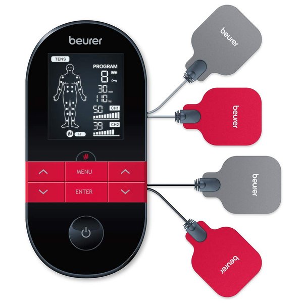 Beurer EM59 Digital 3-in-1 TENS, EMS & Heat Therapy Device for Pain Relief and Massage, Muscle Stimulator with 2 Adjustable Channels, 64 Applications, Timer Function