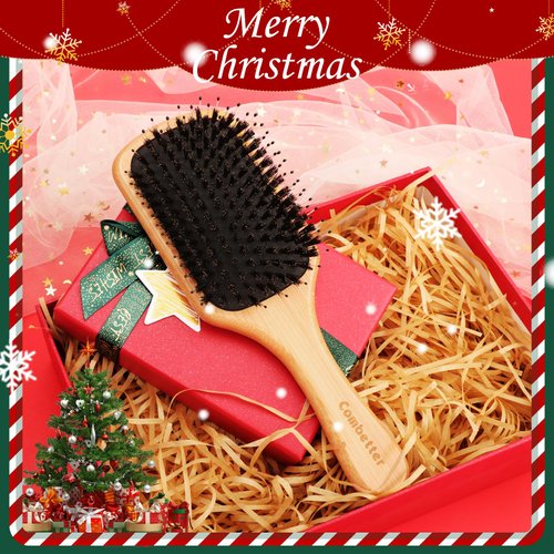 Boar Bristle HairBrush Combetter, Natural Wooden Paddle Brush Detangler Shine Smoothing Hair for Women Men Kids Curly Long Fine Dry Hair with Gift Box