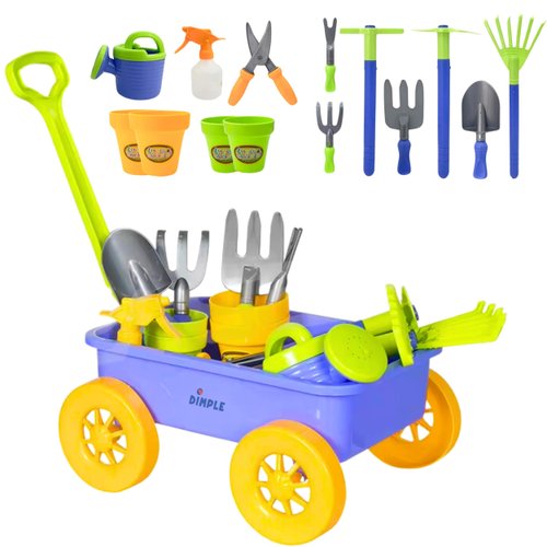 Dimple Kids Gardening Set Tools Wagon Toy - Premium 15 Piece Gardening Tools & Toddler Wagon Toy Set – Sturdy & Durable - Top Yard, Beach, Sand, Garden Toy - Outside Toys for Toddlers
