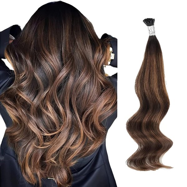 ABH AmazingBeauty Hair I Tip Extensions 16 Inch I Tip Human Hair Extensions #2/6/2 Darkest Brown with Chestnut Brown Balayage Human Hair Extensions Itip 50 Strands 50 Grams