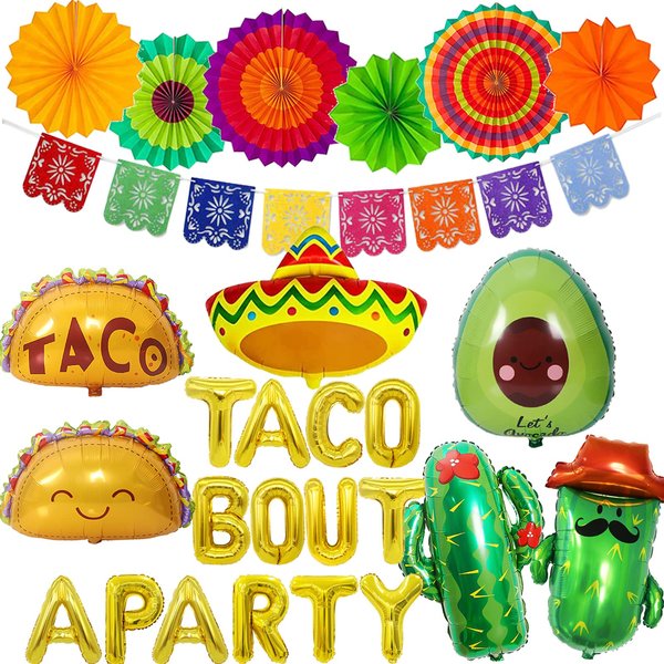 26 Pcs Taco Bout a Party Decoration, Fiesta Party Decorations Include Paper Fans Fiesta Banner Taco Cactus Avocado Sombrero Foil Balloons for Mexican Party Decorations Taco Party