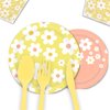 Daisy Party Tableware Decorations, 112pcs Daisy Party Supplies Include Paper Plates Napkins Cups Forks Knives Spoons for Daisy Flowers Summer Boho Girls Women Birthday Babyshower Party