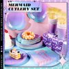 Blushtier 120 Pcs Mermaid Party Supplies Mermaids Themed Decorations Under the Sea Disposable Dinnerware Set Includes Plates Napkins Cups Fork for Birthday Party, Serves 24 Guests