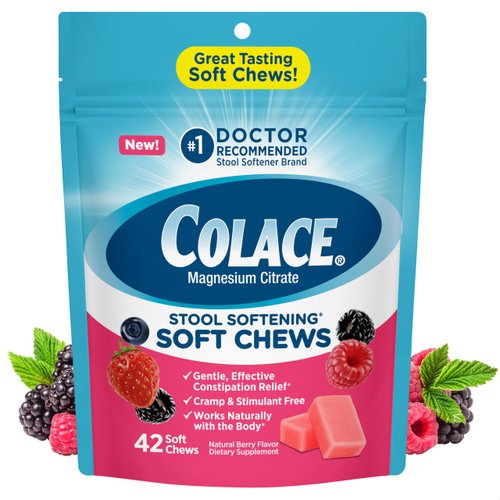 Colace Stool Softener Soft Chews, Gentle Constipation Relief, No.1 Doctor Recommended Stool Softener Brand, 42 Mixed Berry Chews