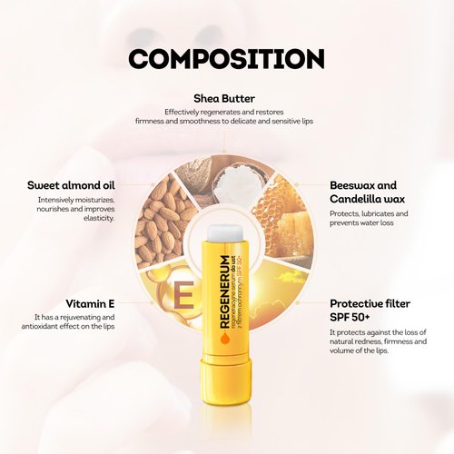 Regenerum SPF 50+ Regenerating Lip Serum - Lip Sunscreen and Conditioner | Hydrating, Nourishing Lip Care - Vitamin E Formula for Smooth, Plump Lips | Prevents Dryness, Chapping, and Pigment Loss - 5g