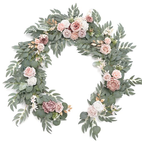 Ling's Moment Artificial Eucalyptus Garland with Flowers 6FT, Wedding Table Garland with Flowers Handcrafted Wedding Centerpieces for Rehearsal Dinner Bridal Shower | Dusty Rose