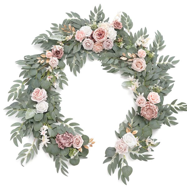 Ling's Moment Artificial Eucalyptus Garland with Flowers 6FT, Wedding Table Garland with Flowers Handcrafted Wedding Centerpieces for Rehearsal Dinner Bridal Shower | Dusty Rose