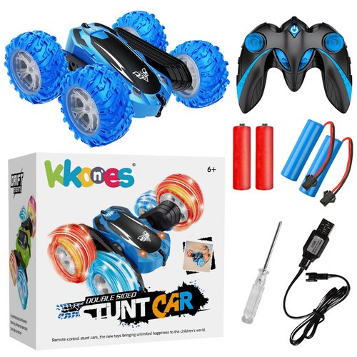 KKONES Remote Control car,2.4GHz Electric Race Stunt Car,Double Sided 360° Rolling Rotating Rotation, LED Headlights RC 4WD High Speed Off Road for 3 4 5 6 7 8-12 Year Old Boy Toys (Blue)
