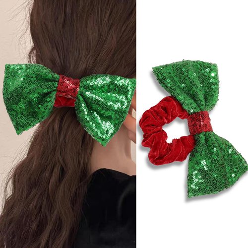 Christmas Hair Scrunchies Green Sequins Bow Hair Ties Sparkly Velvet Bowknot Hair Band Elastic Po...