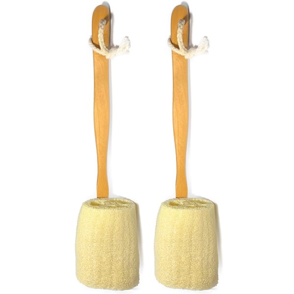 2 Pack Natural Exfoliating Loofah luffa loofa Bath Brush On a Stick - with Long Wooden Handle Back Brush for Men & Women - Shower Sponge Body Back Scrubber