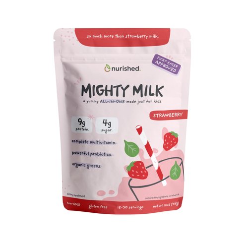 Nurished Mighty Strawberry Milk - Kids All-in-One Daily Protein Powder & Multivitamin Boosted with 2 Billion Probiotics & Organic Spinach - Natural Flavors, Colors & Sweeteners - 15-30 Servings