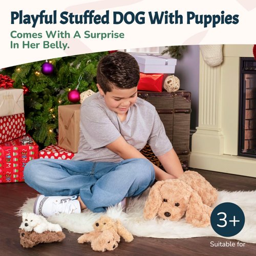 PixieCrush Dog Stuffed Animals, Mommy Labradoodle Plush Toy with 4 Puppies, Big Stuffed Animals for Girls, Soft Cuddly Plushie for Imaginative Play, Animal Toys for Kids Ages 3-8