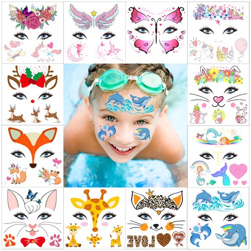 Animal Face Tattoos for Kids, SuyuanArt Birthday Party Favor Tattoos for Girls Boys, 12 Pack Butterfy, Unicorn, Mermaid, Fox, Dolphin and more Assorted Designs Children Temporary Face Paint Tattoos