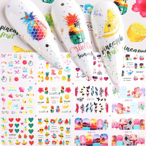 AIDVPOD Summer Fruit Nail Stickers, 12 Sheets Water Transfer Decals, Yellow Tropical Leaf Design for Women & Kids
