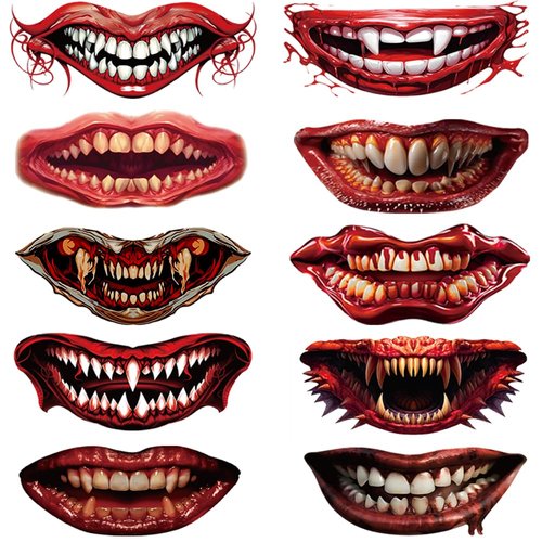 10 Pcs Halloween Temporary Tattoo Kit Horror water Transfer Tattoo Sticker for Mouth-10 Different Mouth Fake Tattoos Face Stickers Makeup Tattoo Perfect For Halloween Party Favors and Decorations