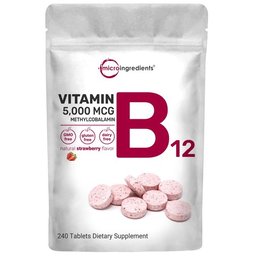 Micro Ingredients Vitamin B12 5000mcg | Methyl B12 Active Form – 240 Chewable Tablets | Fast Dissolve, Natural Strawberry Flavor, Support Energy, Metabolism Health | Vegan, Non-GMO, & No Glute