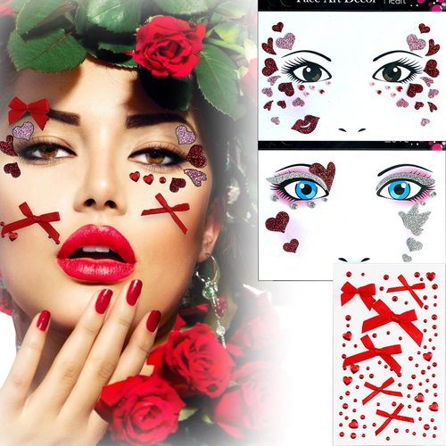 Heart Shaped Face Gems Stickers Valentine's Day Face Gems Glitter Tattoo Stickers with Red Face Crystals Gem Red Ribbon Bow Stickers for Valentine Birthday Party Face Decoration 3 Sheets