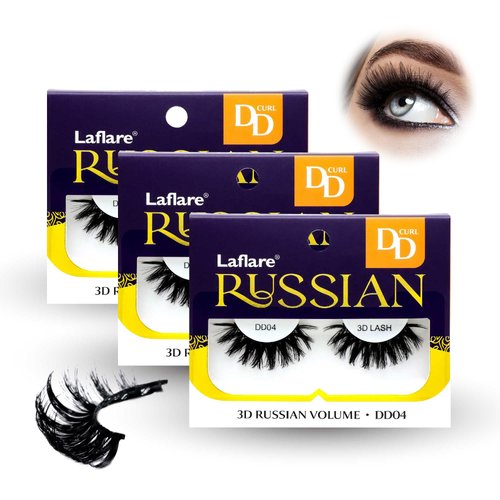 Laflare 3D False Eyelashes Russian Volume Strip Lashes | Fluffy, Wispy, Lightweight | Faux Mink Eyelashes Extension D Curl Wispy Handmade Soft Reusable 3 Packs Value Combo. (FDD04X3C)