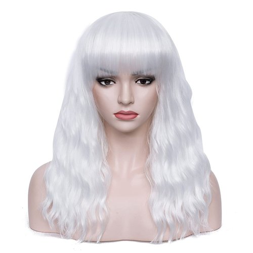 BERON White Wavy Wigs Women Medium Length Hair Wig with Bangs Curly Synthetic Wigs for Cosplay Party Daily Use Wigs with Wig Cap