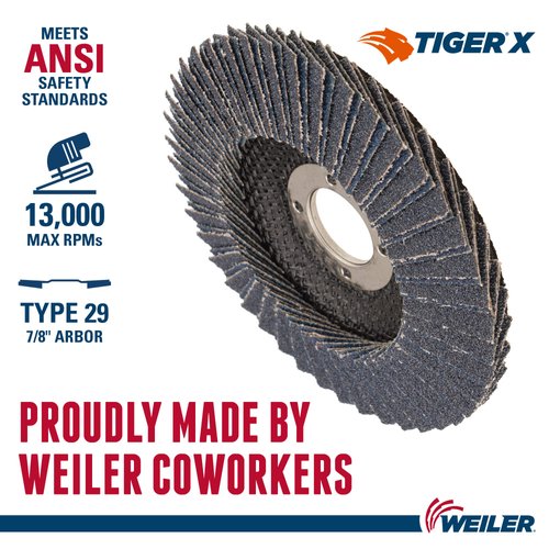 Weiler 51202 Tiger X Flap Disc, Ceramic and Zirconia Alumina, Angled, Phenolic Backing, 60 Grit, 4-1/2", 7/8" Arbor Hole (Pack of 10)