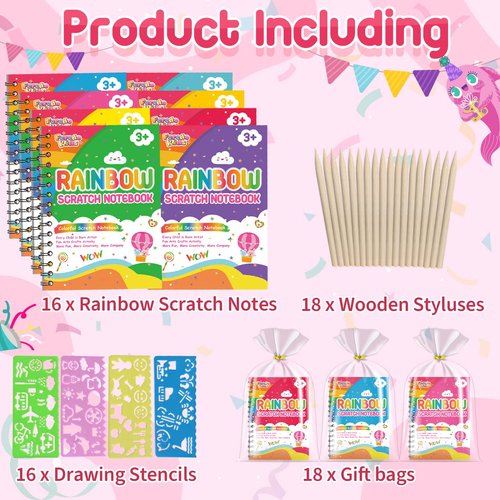 Scratch Art Party Favors for Kids: 16 Pack Rainbow Scratch Notebook Kids Art Supplies for Girls Boys Kids Birthday Party Favors Valentines Gifts Classroom Prizes Goodie Bag Stuffers
