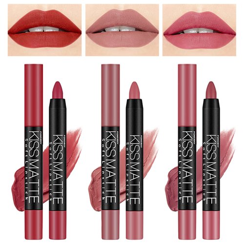 AWCCXMYM 3 Colors Matte Lipstick Set Nude Lip Stick Long Lasting Waterproof Velvet Rotating Lip Crayon Professional Lip Gloss Makeup Set -Set A
