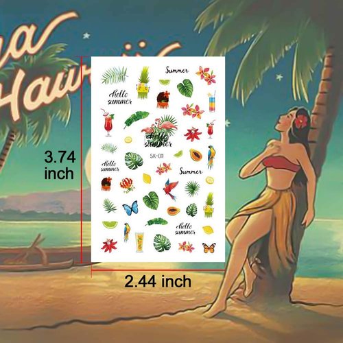 Hawaii Summer Nail Art Stickers Set 250+ Designs for Women Girls Kids, VIWIEU Tropical 3D Fake Nail Decals Self-Adhesive Flamingo Cactus Beach Fruits Palm Tree for Holiday Gift DIY Manicure 8 Pack