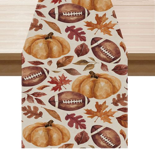 ZAEW Fall Football Maple Leaf Pumpkin Table Runner Autumn Table Decoration for Home Kitchen Indoor Holiday Decor 13x72 Inch