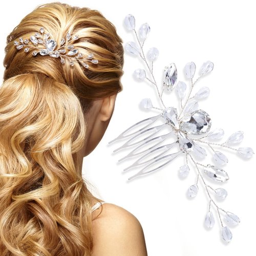 4.86 Inch Silver Teardrop Hair Comb, PAGOW Vintage Rhinestone Crystal Onyx Small Headpiece, Bridal Side Combs Handband Accessories For Women and Girls (4.86 x 2.56 inch)