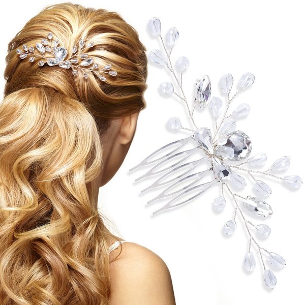 4.86 Inch Silver Teardrop Hair Comb, PAGOW Vintage Rhinestone Crystal Onyx Small Headpiece, Bridal Side Combs Handband Accessories For Women and Girls (4.86 x 2.56 inch)