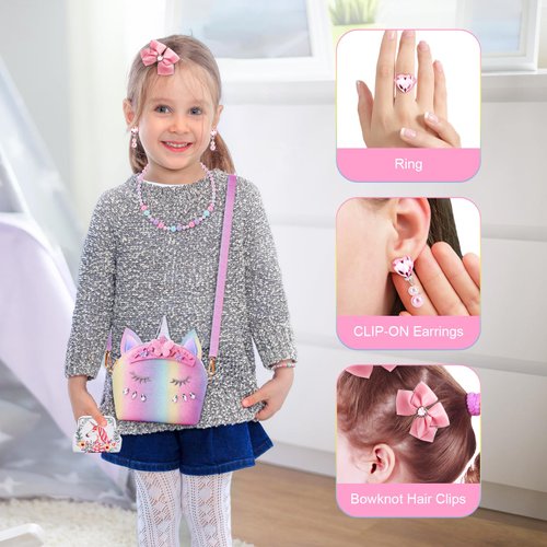 JYPS 7PCS Toddler Purse for Girl, Girls Wallet with Pretend Play Toys, Princess Toys with Kids Dress Up Jewelry Set