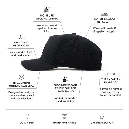 melin Odyssey Stacked Hydro, Performance Snapback Hat, Water-Resistant Baseball Cap for Men & Women, Black, Small
