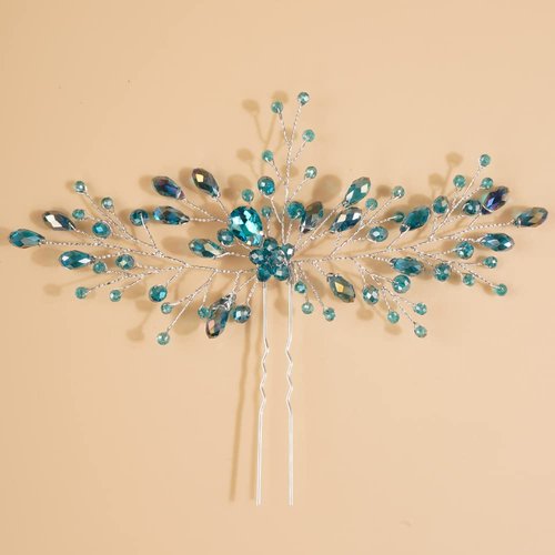 Teyglen Bridal Blue Rhinestones Hair Pins Rhinestones Crystals Wedding Bride Hair Accessories Gold Silver Purple Blue Rhinestones Hair Pieces for Women (Blue)