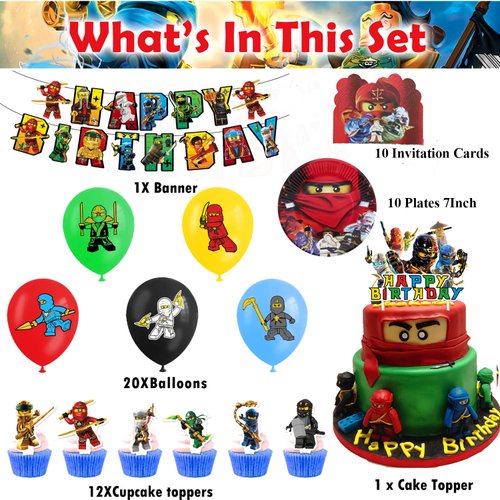 Ninja Birthday Party Decorations, Cartoon Party Supplies Include Banner, Latex Balloons, 7in Plates, Cake Cupcake Toppers, Invitation Cards for Kids Fans Birthday Party Favors
