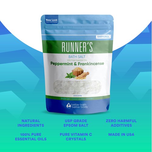 Runner's Bath Salt 32 Ounces Epsom Salt with Natural Peppermint, Frankincense, Lemon, Cypress, Tea Tree and Lemongrass Essential Oils Plus Vitamin C in BPA Free Pouch with Easy Press-Lock Seal