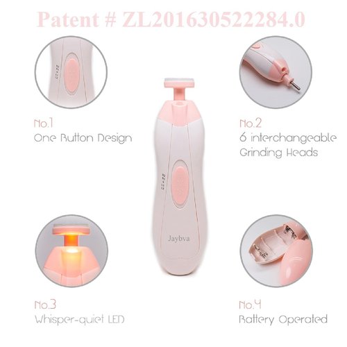 Baby Nail File Electric Baby Nail Trimmer - Jaybva Safe Baby Nail Clippers Cutter for Newborn Children Kids with 6 Cushions Pink