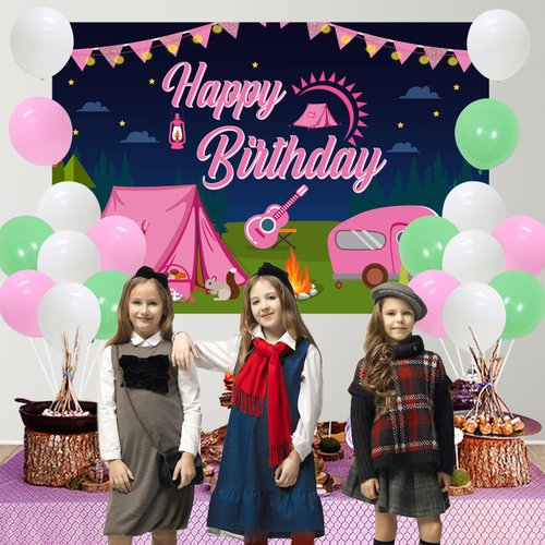 Girl Camping Party Decorations - Pink Camping Party Decorations with Happy Birthday Camping Backdrop, Cake Topper, Banner Garland, Cupcake Topper for Camping Themed Birthday Party Supplies