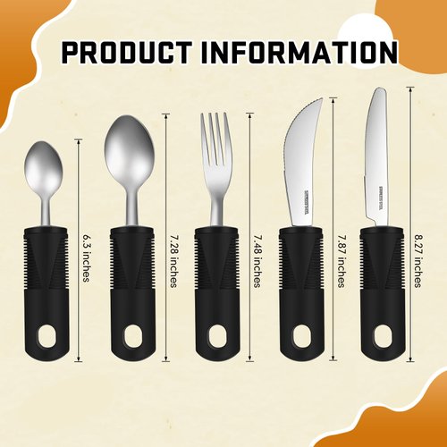 Uiifan 2 Set (10 Pcs) Adaptive Utensils Stainless Steel Parkinsons Utensils Easy Grip Handles Non Weighted Built Up Utensils for Adults Lightweight Arthritis Tools for Hands Tremors Elderly, Black