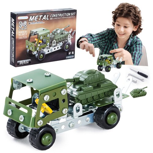 Military Truck STEM Building Toy Set for Boys Age 8-12 - Metal Army Toys Model Car Kits Set - Engineering STEM Kits or Kids 6-8, 8-10 Stem Projects Vehicles 133pcs