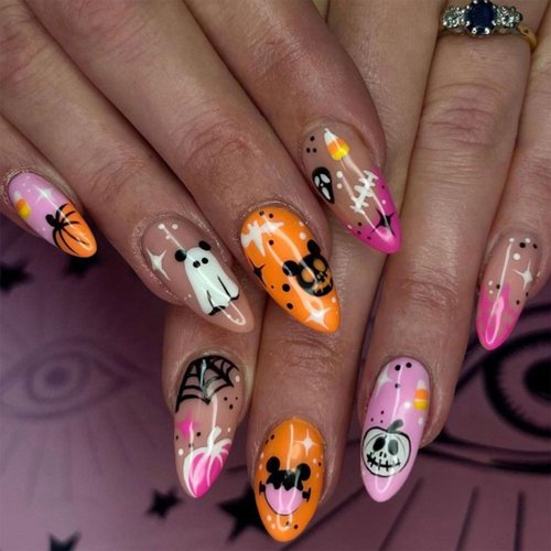 Halloween Nails Short Press On Nails Almond Fake Nails Pink Tip False Nails with Pumpkin & Ghost Designs Nails Press Ons Full Cover Glossy Stick On Nails for Women and Girls 24 Pcs