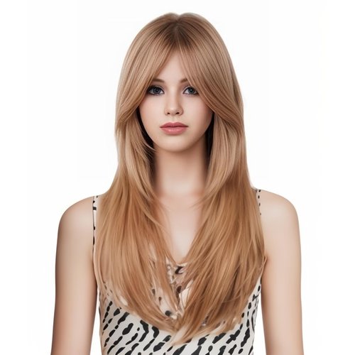 Rugelyss Long Wavy Strawberry Blonde Wigs for Women, Ombre with Dark Roots Layered Synthetic Hair Wig with Bangs for Daily Party