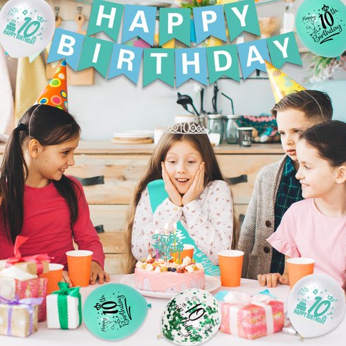 10th Birthday Decorations for Girls-Teal Glitter Double Digits 10 Cake Topper and It’s my 10th Birthday Sash, Silver 10tht Birthday Crown,Teal Happy Birthday Banner Number 10th Birthday Foil Balloons