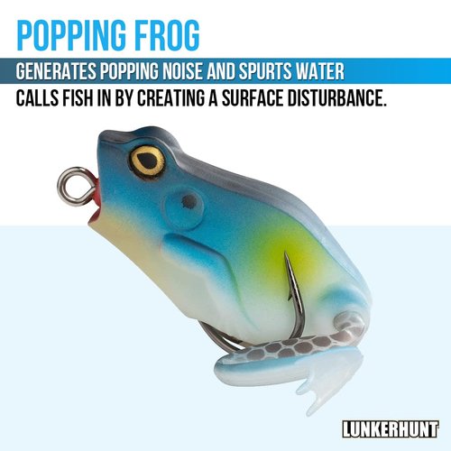 Lunkerhunt Frog Fishing Lure for Bass Fishing | Popping Frog 0.5 oz | Topwater Fishing Bait with Weedless Hooks, Hollow Body (Herring)