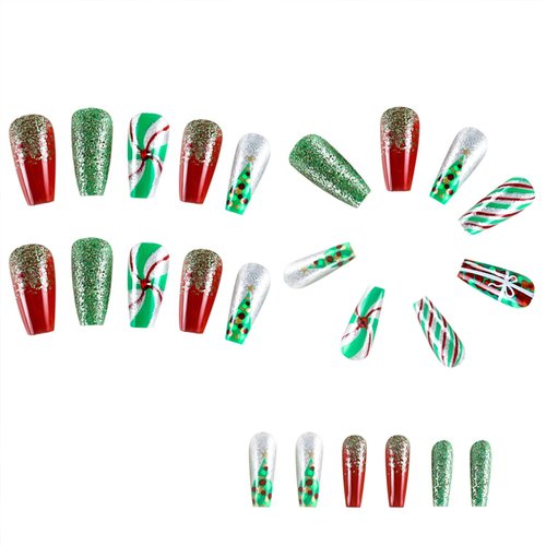 TULOBI Christmas Press on Nails Medium Coffin Fake Nails with Christmas Tree Designs Glitter Glue on Nails Xmas Design Green and Red Stripes Full Cover False Nails Artificial Acrylic Nails 24pcs