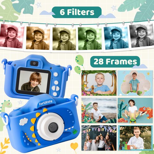 FurUlixty Upgraded Kids Camera Toys - Kids Digital Camera with Soft Silicone Cover, 1080P HD Selfie Video Camera for Boy Girl Toddler, with 64G SD Card, 3Hrs of Ultra-Long Battery Life (Blue Dinosaur)